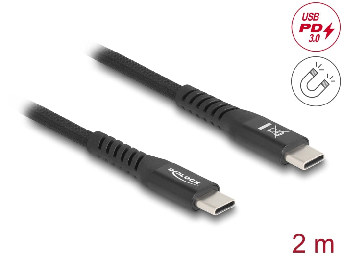 Delock USB 2.0 Cable USB Type-C™ male to male with magnetic textile jacket PD 3.0 60 W 2 m - delock.israel