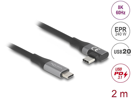 Delock USB 20 Gbps cable angled left / right USB PD 3.1 Extended Power Range 240 W 2 m - delock.israel