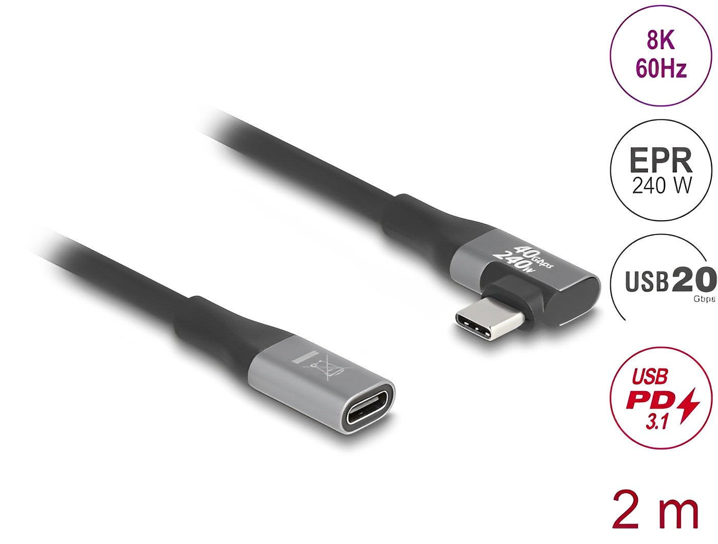 Delock USB 20 Gbps extension cable angled left / right USB PD 3.1 Extended Power Range 240 W 2 m - delock.israel