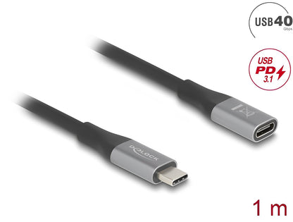 Delock USB 40 Gbps Extension Cable USB Type-C™ male to female PD 3.1 240 W 1 m grey metal - delock.israel