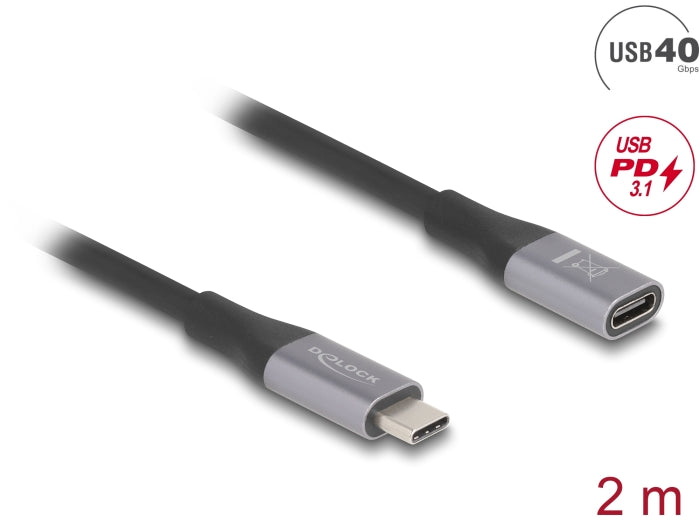 Delock USB 40 Gbps Extension Cable USB Type-C™ male to female PD 3.1 240 W 2 m grey metal - delock.israel