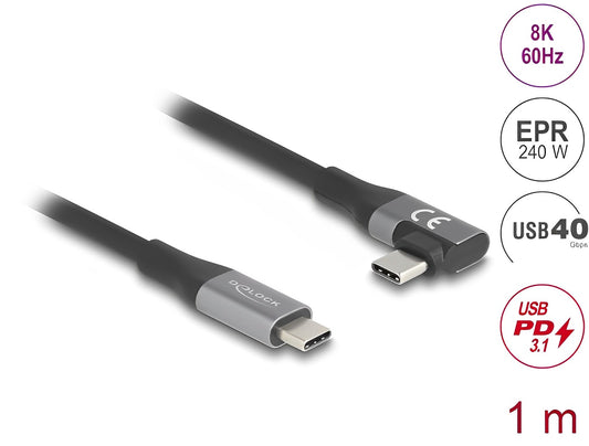 Delock USB 40 Gbps cable angled left / right USB PD 3.1 Extended Power Range 240 W 1 m - delock.israel