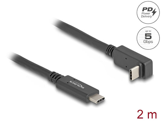 כבל תצוגה ונתונים USB-C 5Gbps 4K HDR ז/ז צד אחד מכופף 90° תומך PD 60W אורך 2 מטר - delock.israel