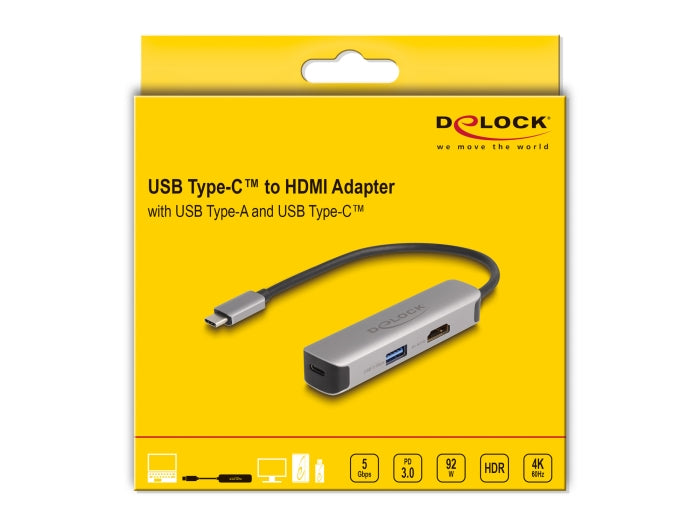 מפצל USB-C 5Gbps PD 92Watt עם 2 יציאות USB-A/C ושקע HDMI 4K לחיבור מסך - delock.israel