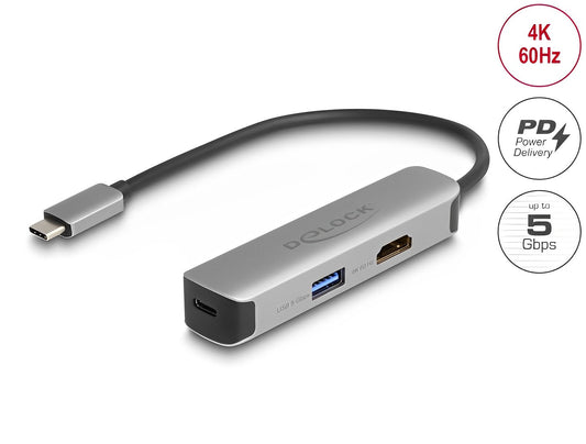 מפצל USB-C 5Gbps PD 92Watt עם 2 יציאות USB-A/C ושקע HDMI 4K לחיבור מסך - delock.israel