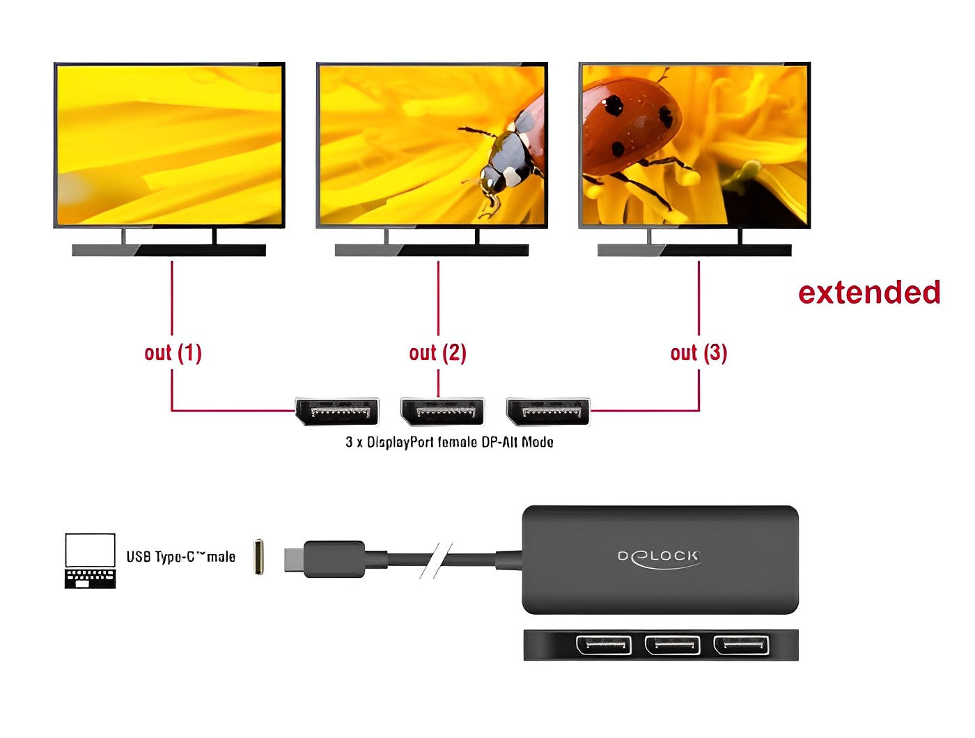 ספליטר USB-C 4K MST לחיבור 3 מסכים DisplayPort תומך HDR - delock.israel