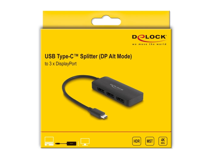 ספליטר USB-C 4K MST לחיבור 3 מסכים DisplayPort תומך HDR - delock.israel
