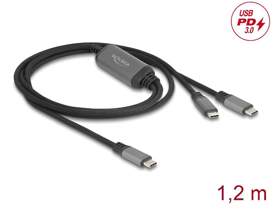 Delock USB-C™ Y-Cable 1 x male to 2 x male PD 3.0 100 W intelligent power distribution 1.2 m - delock.israel