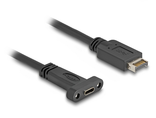 כבל פאנל USB 10Gbps מבית DELOCK גרמני מאפשר חיבור לשקע ה-USB Type-E Key A הקיים על לוח אם או על כרטיס PCI Express, ומשמש להארכת חיבור USB