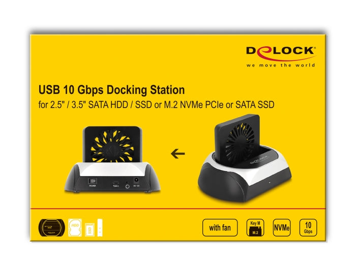 Delock USB 10 Gbps Docking Station for 2.5″ / 3.5″ SATA HDD / SSD or M.2 NVMe PCIe or SATA SSD with fan - delock.israel