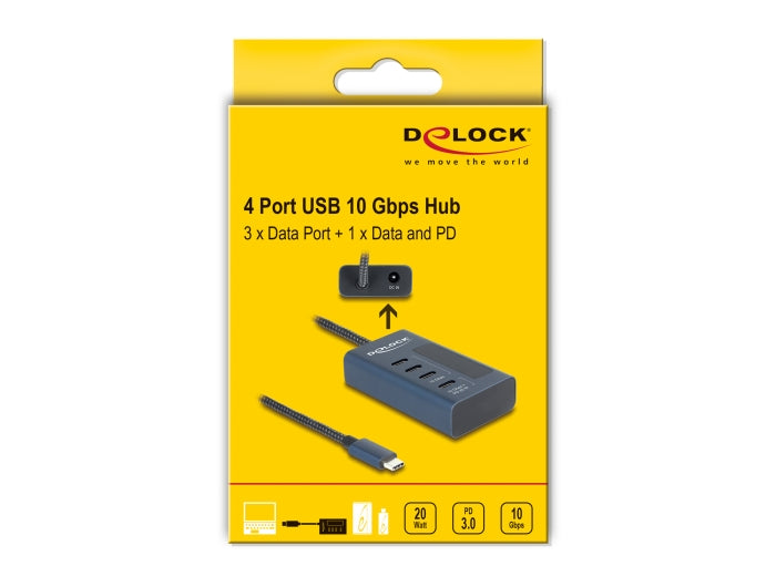 Delock USB 10 Gbps Hub with 4 USB Type-C™ Ports thereof 3 x Data Port + 1 x Data and PD 20 Watt with power indicator - delock.israel