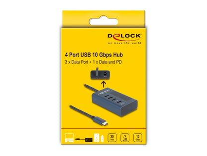 Delock USB 10 Gbps Hub with 4 USB Type-C™ Ports thereof 3 x Data Port + 1 x Data and PD 20 Watt with power indicator - delock.israel