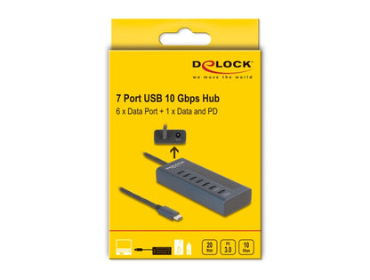 Delock USB 10 Gbps Hub with 7 USB Type-C™ Ports thereof 6 x Data Port + 1 x Data and PD 20 Watt with power indicator - delock.israel