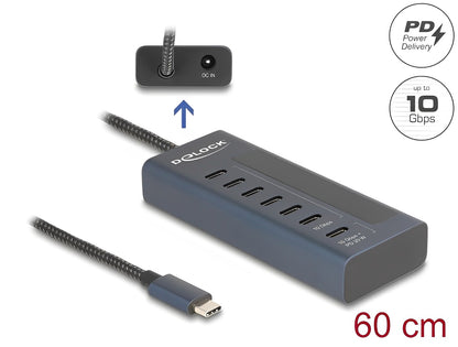 Delock USB 10 Gbps Hub with 7 USB Type-C™ Ports thereof 6 x Data Port + 1 x Data and PD 20 Watt with power indicator - delock.israel