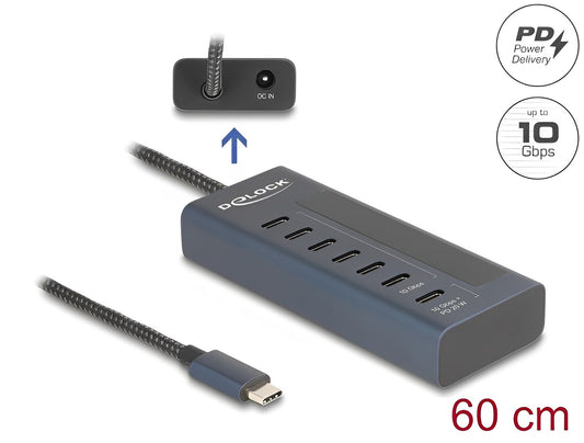 Delock USB 10 Gbps Hub with 7 USB Type-C™ Ports thereof 6 x Data Port + 1 x Data and PD 20 Watt with power indicator - delock.israel