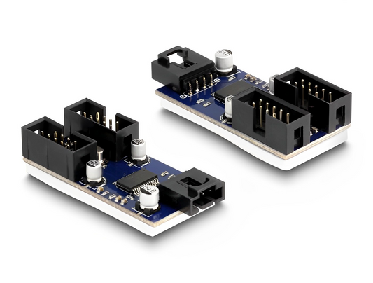 מפצל USB 2.0 מבית Delock גרמניה מתחבר ליציאת USB פנימית בלוח האם ומספקת שני מחברי USB pin header זכר בני 9 פינים