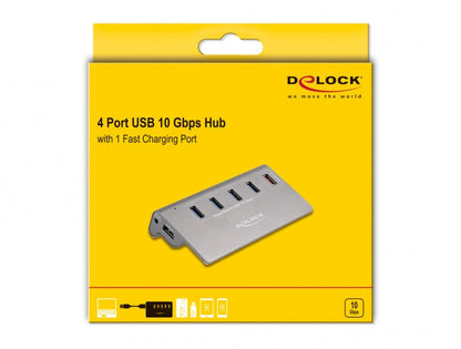 מפצל USB 3.2 Gen 2 10Gbps עם 4 יציאות USB-A + שקע טעינה USB 5 V / 2.4 A - delock.israel