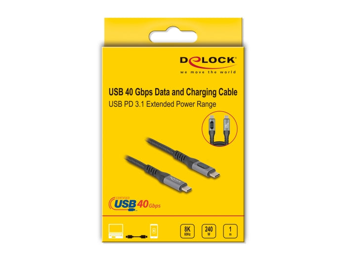 Delock USB 40 Gbps Data and Fast Charging Coaxial Cable 1 m 8K 60 Hz USB PD 3.1 Extended Power Range 240 W - delock.israel