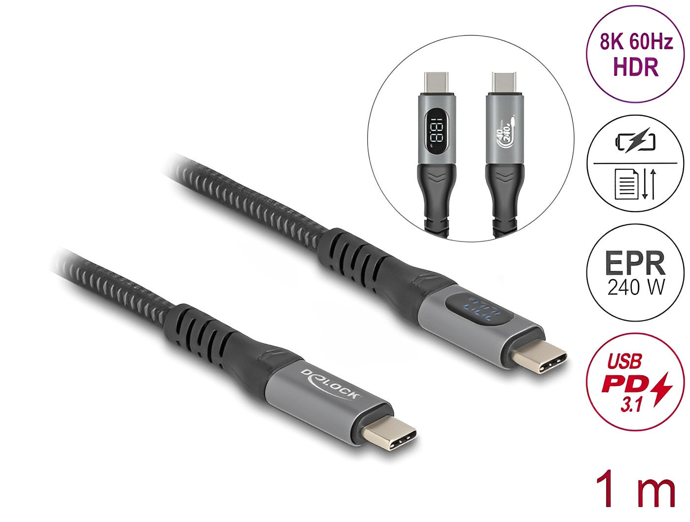 Delock USB 40 Gbps Data and Fast Charging Coaxial Cable 1 m 8K 60 Hz USB PD 3.1 Extended Power Range 240 W - delock.israel