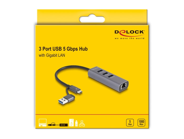 Delock 3 Port USB 5 Gbps Hub + Gigabit LAN with USB Type-C™ or USB Type-A connector in metal case - delock.israel