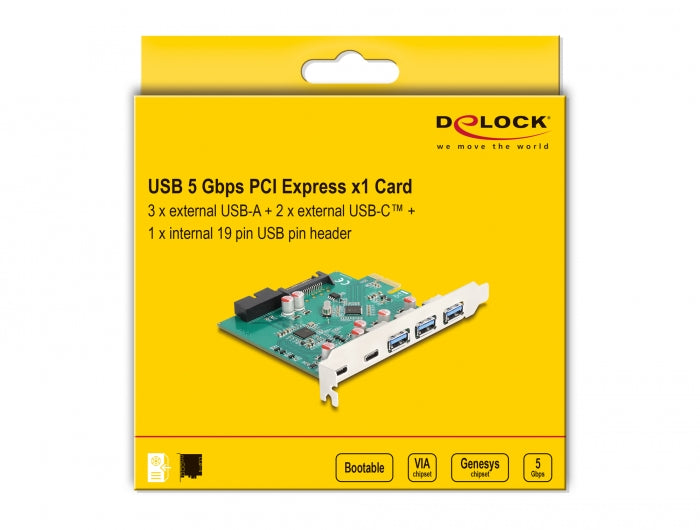 כרטיס PCIe x1 USB 5Gbps עם 5 יציאות USB צ'יפים VIA / Genesys Logic - delock.israel
