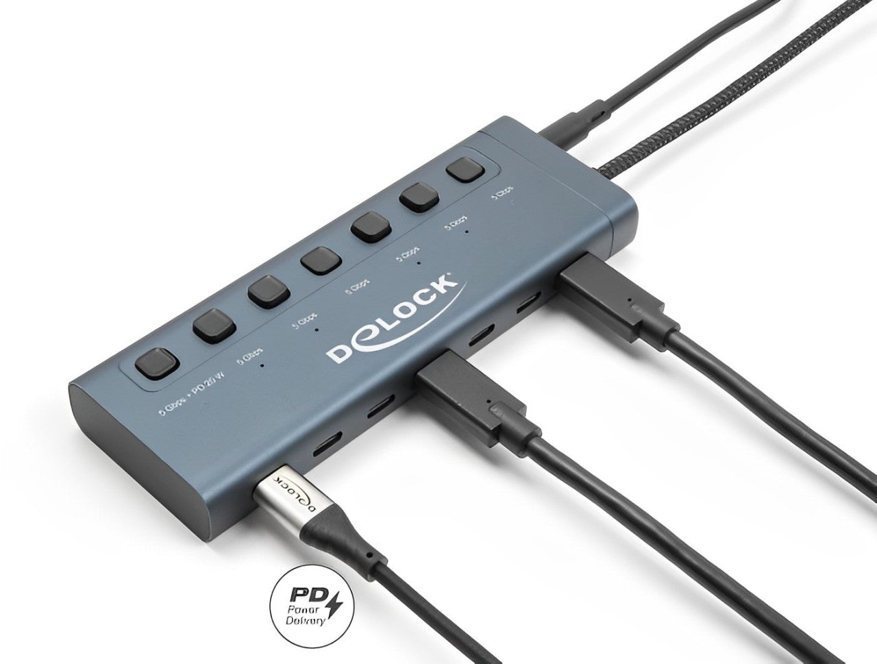 Delock USB 5 Gbps Hub with 7 USB Type-C™ Port with switch thereof 6 x Data Port + 1 x Data and PD 20 Watt - delock.israel