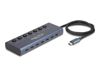 מפצל אקטיבי Delock USB-C 5Gbps עם 7 יציאות USB-C עם מפסקים | תומך PD 20Watt | אורך כבל 60 ס"מ
