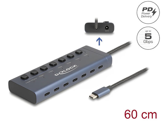 Delock USB 5 Gbps Hub with 7 USB Type-C™ Port with switch thereof 6 x Data Port + 1 x Data and PD 20 Watt - delock.israel