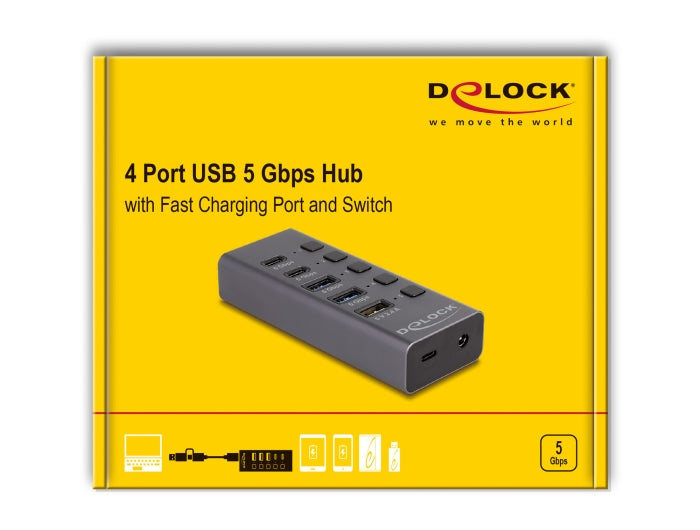 Delock USB 5 Gbps Hub with 2 x USB Type-A and 2 x USB Type-C™ female and 1 x Fast Charging Port + Switch - delock.israel