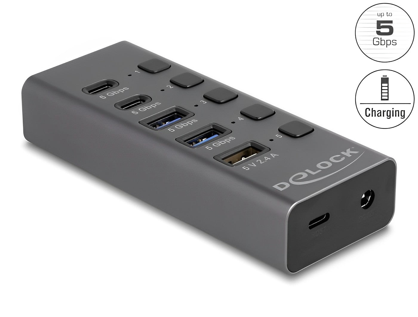 Delock USB 5 Gbps Hub with 2 x USB Type-A and 2 x USB Type-C™ female and 1 x Fast Charging Port + Switch - delock.israel