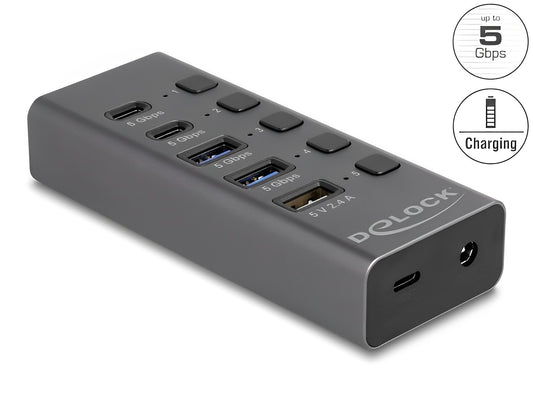 Delock USB 5 Gbps Hub with 2 x USB Type-A and 2 x USB Type-C™ female and 1 x Fast Charging Port + Switch - delock.israel