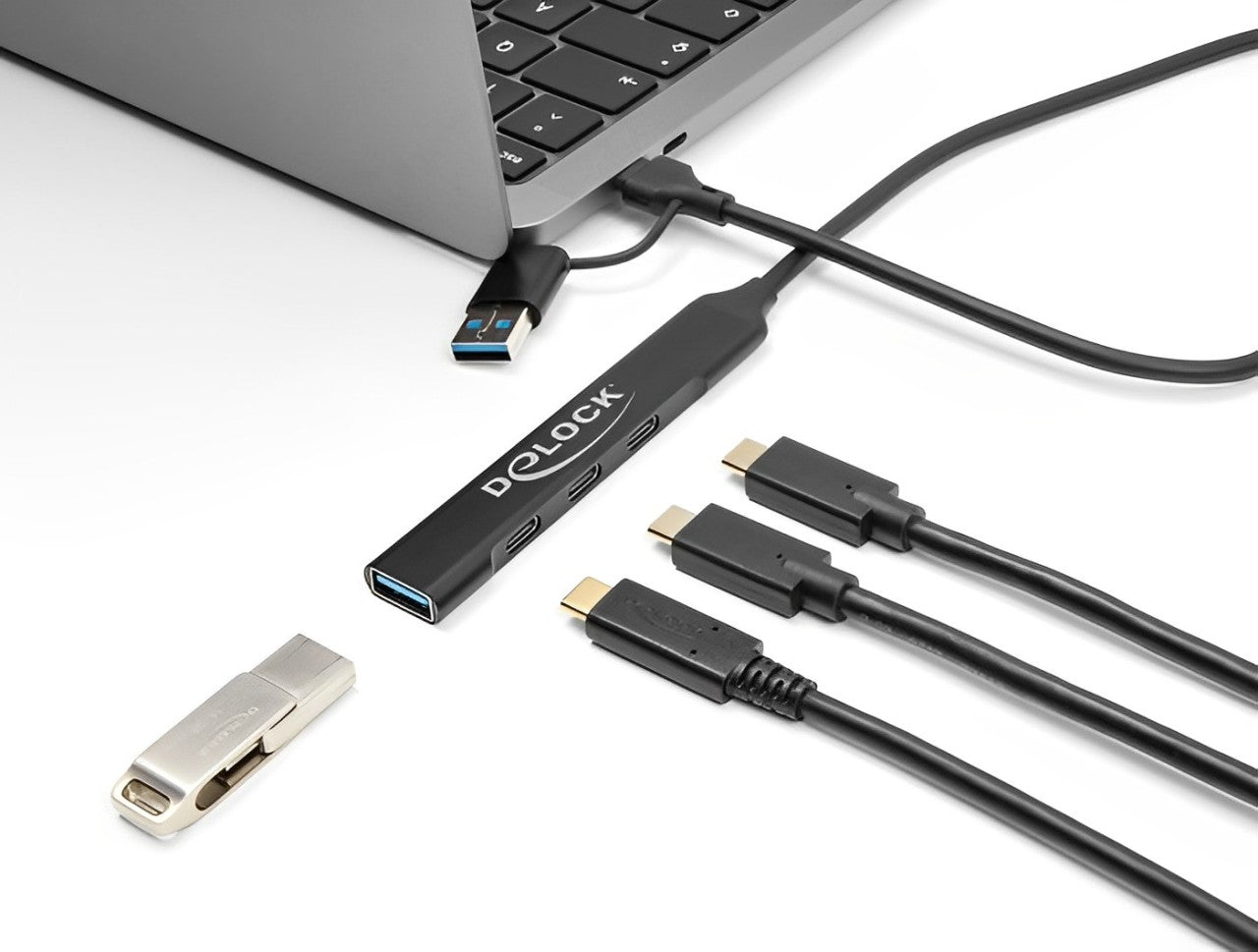 Delock 4 Port Slim USB Hub with USB Type-C™ or USB Type-A to 3 x USB 5 Gbps USB Type-C™ + 1 x USB 5 Gbps Type-A_delock.israel