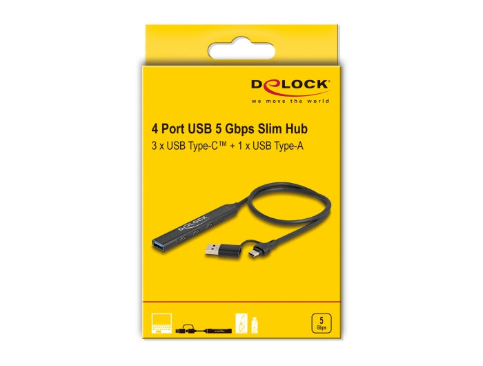 Delock 4 Port Slim USB Hub with USB Type-C™ or USB Type-A to 3 x USB 5 Gbps USB Type-C™ + 1 x USB 5 Gbps Type-A_delock.israel