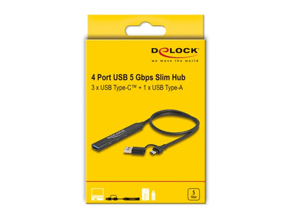 Delock 4 Port Slim USB Hub with USB Type-C™ or USB Type-A to 3 x USB 5 Gbps USB Type-C™ + 1 x USB 5 Gbps Type-A_delock.israel