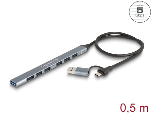 Delock 7 Port Slim USB Hub with USB Type-C™ or USB Type-A to 1 x USB 5 Gbps Type-A + 6 x USB 2.0 Type-A-_delock.israel