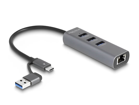 רכזת USB 5Gbps עם מארז מתכתי מבית Delock גרמניה ניתנת לחיבור למחשב, מחשב נייד או מכשיר נייד באמצעות חיבור USB Type-A או USB-C