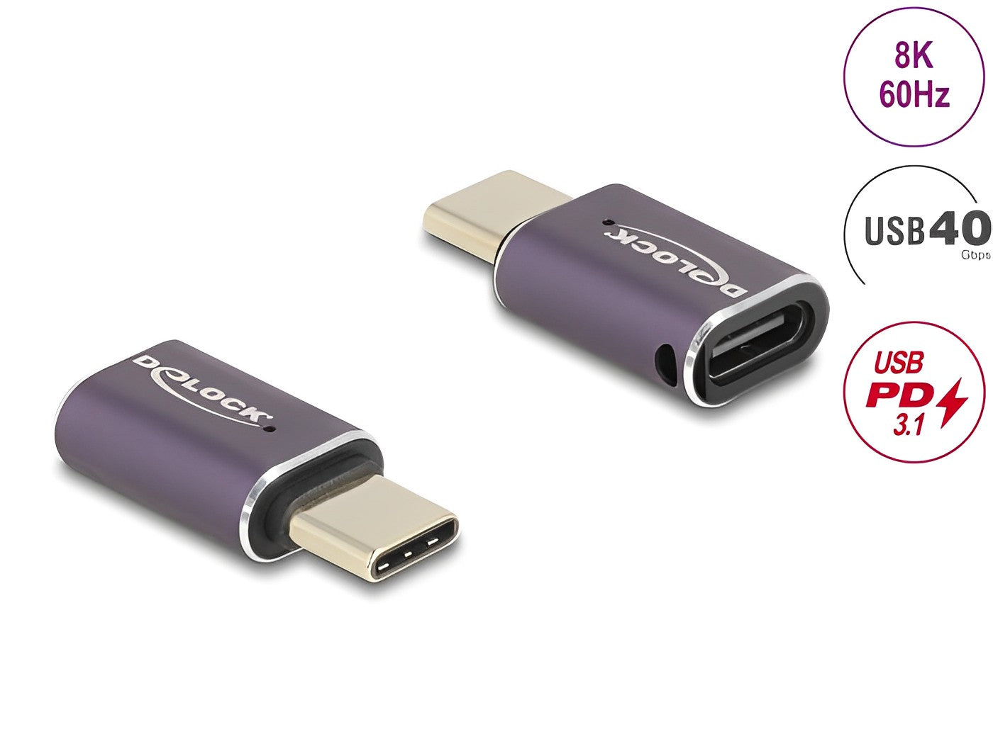 Delock USB Adapter 40 Gbps USB Type-C™ PD 3.1 240 W male to female port saver 8K 60 Hz metal-delock.israel