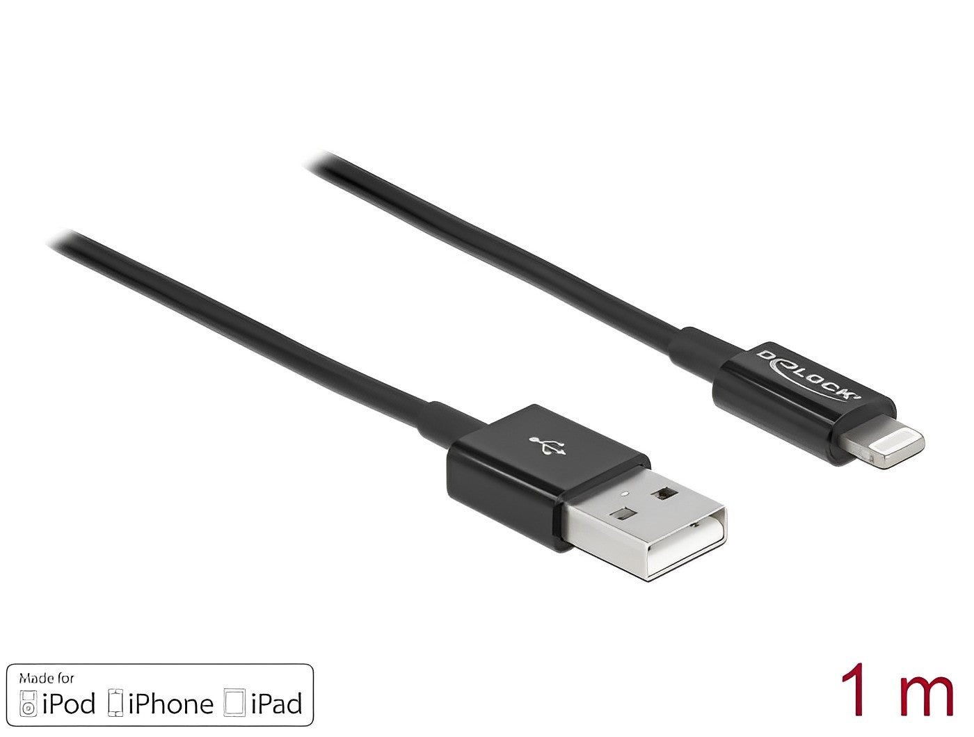 כבל טעינה ונתונים תקע USB-A לתקע Lightning MFi צבע שחור אורך 1 מטר - delock.israel
