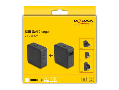 Delock USB GaN Charger 2 x USB Type-C™ PD 3.0 with 65 W including power adapter for EU / US / UK - delock.israel