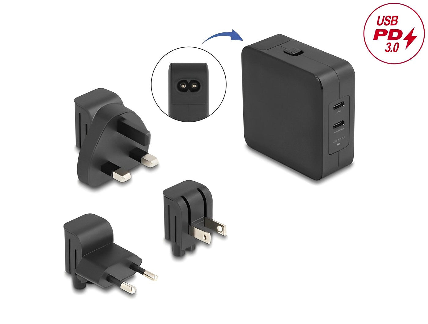 Delock USB GaN Charger 2 x USB Type-C™ PD 3.0 with 65 W including power adapter for EU / US / UK - delock.israel