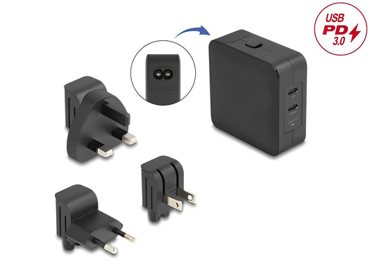 Delock USB GaN Charger 2 x USB Type-C™ PD 3.0 with 65 W including power adapter for EU / US / UK - delock.israel