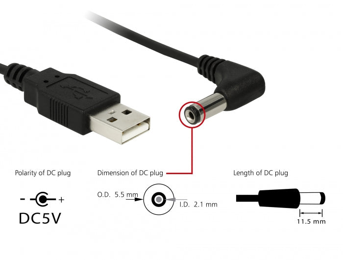 כבל חשמל תקע USB-A לתקע DC 5.5x2.1 בזווית 90° אורך 1.5 מטר - delock.israel