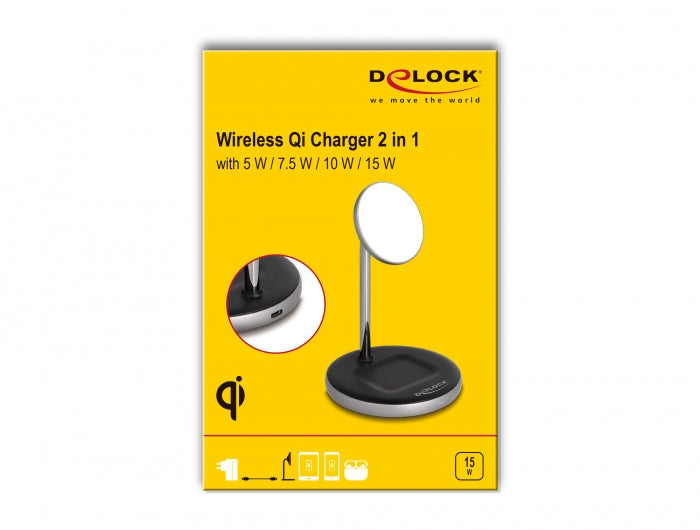 מטען מגנטי אלחוטי Wireless Charger 2 in 1 with 5 W / 7.5 W / 10 W / 15 W - Qi - delock.israel