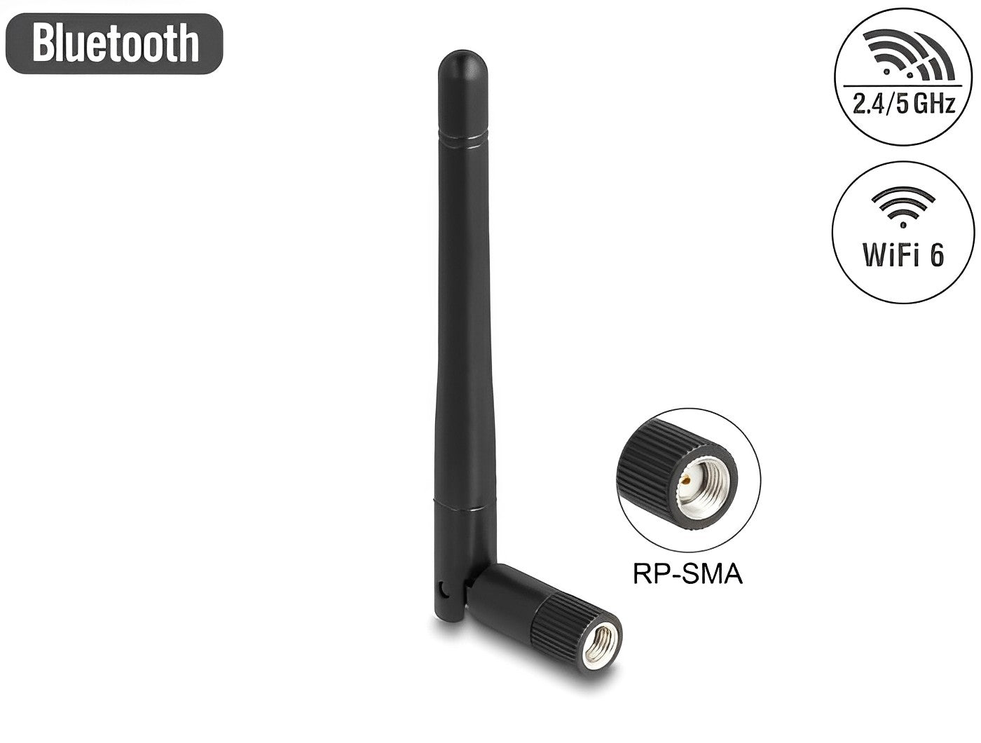 Delock WLAN 802.11 ac/ax/a/b/g/n Antenna RP-SMA plug 2 dBi omnidirectional with tilt joint black - delock.israel