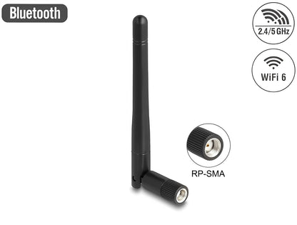 Delock WLAN 802.11 ac/ax/a/b/g/n Antenna RP-SMA plug 2 dBi omnidirectional with tilt joint black - delock.israel