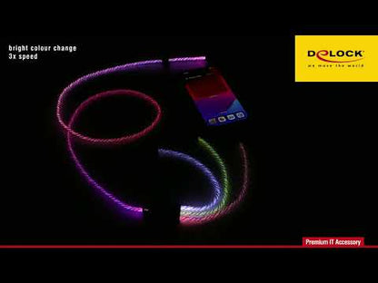 כבל טעינה Delock USB 3 in 1 עם תאורת RGB מחיבור USB-A זכר לחיבורים Lightning / USB-C / Micro-B | אורך 1.2 מטר