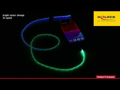כבל טעינה Delock USB 2.0 עם תאורת RGB מחיבור USB-A זכר לחיבור USB-C | תומך PD 3 A | אורך 1 מטר