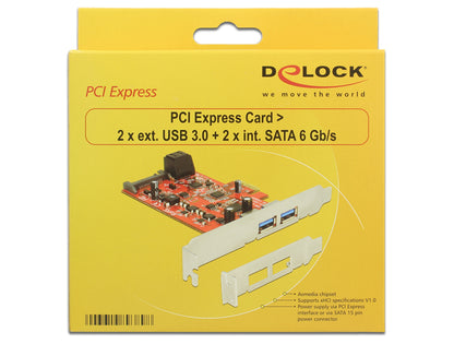 כרטיס PCIe x1 USB 3.0 5Gbps Low profile עם 2 יציאות USB-A חיצוניות + 2 יציאות SATA פנימיות - delock.israel