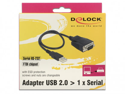 ממיר USB לתקע DB9 Serial RS-232 עם הגנת ESD צ'יפ FTDI אורך 45 ס"מ - delock.israel