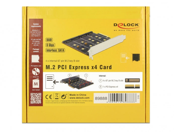 כרטיס PCI-E x4 עבור 4 כונני דיסקים M.2 SATA תומך RAID - delock.israel